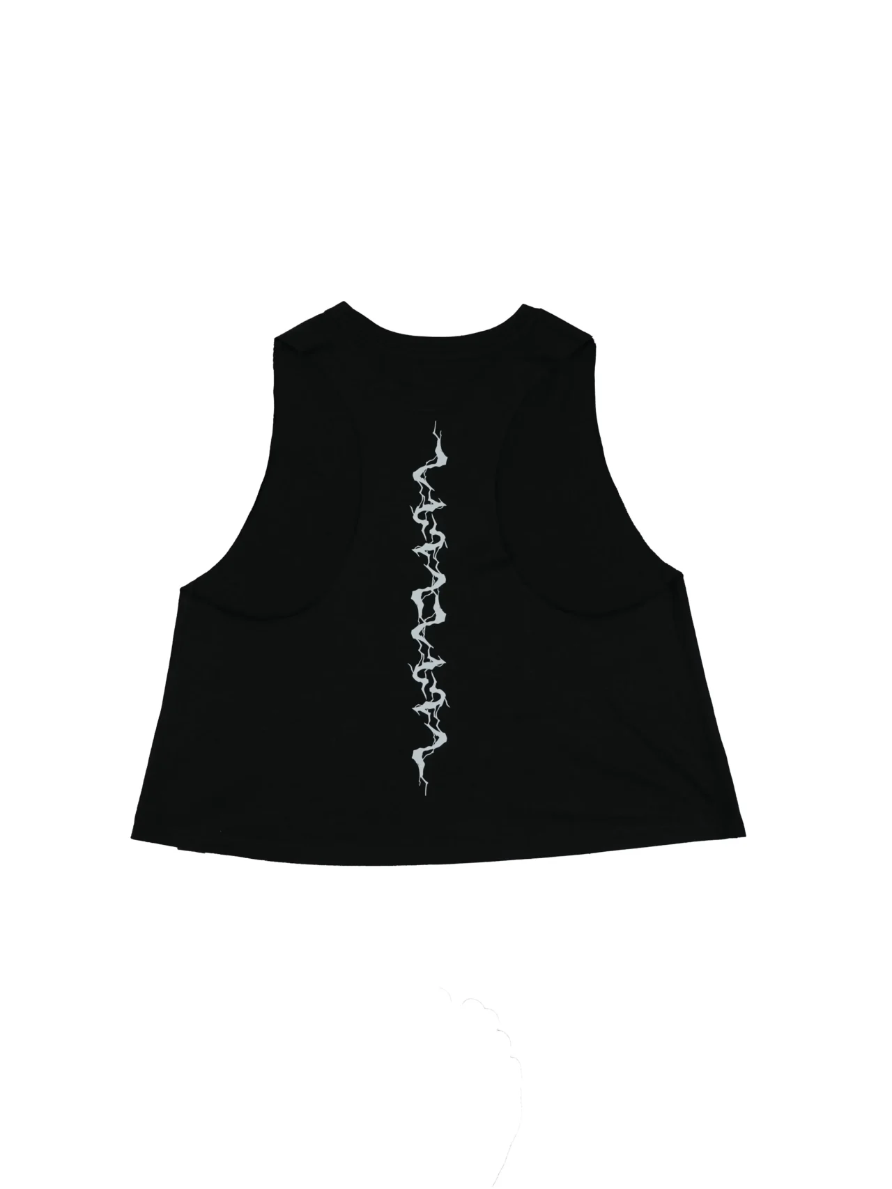 The black "GODMODE" cropped tank, laid flat (back view), showcasing the lightning back graphic and racerback cut; essential calisthenics apparel for women.