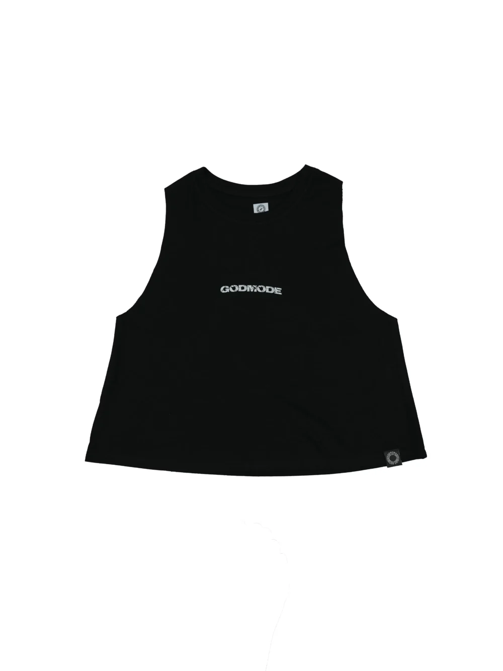 The women's RHSM "GODMODE" Cropped Tank in black, laid flat (front view), showing the minimal chest graphic and sewn-in hem label on this premium fitness apparel.