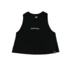 The women's RHSM "GODMODE" Cropped Tank in black, laid flat (front view), showing the minimal chest graphic and sewn-in hem label on this premium fitness apparel.