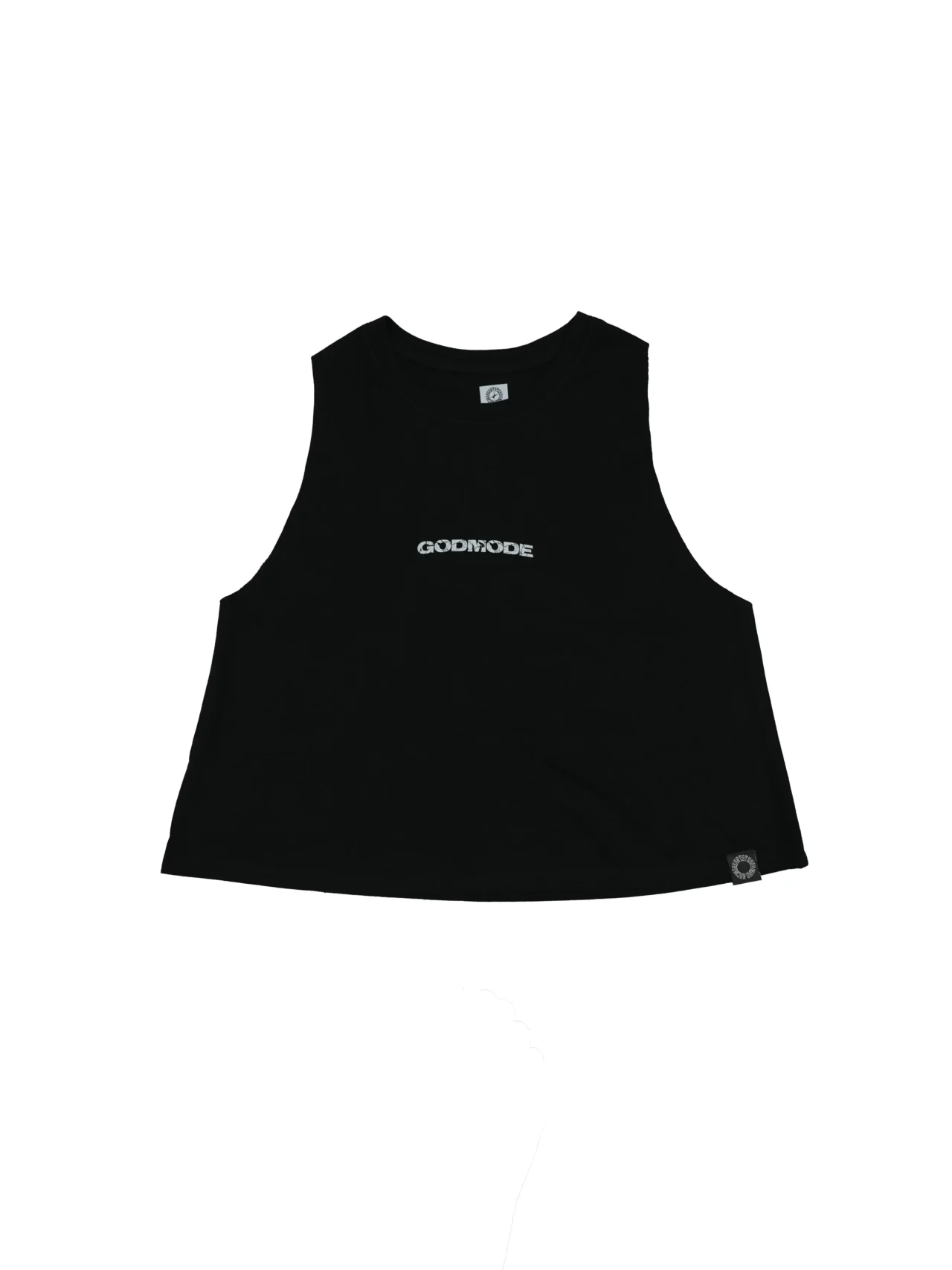 The women's RHSM "GODMODE" Cropped Tank in black, laid flat (front view), showing the minimal chest graphic and sewn-in hem label on this premium fitness apparel.