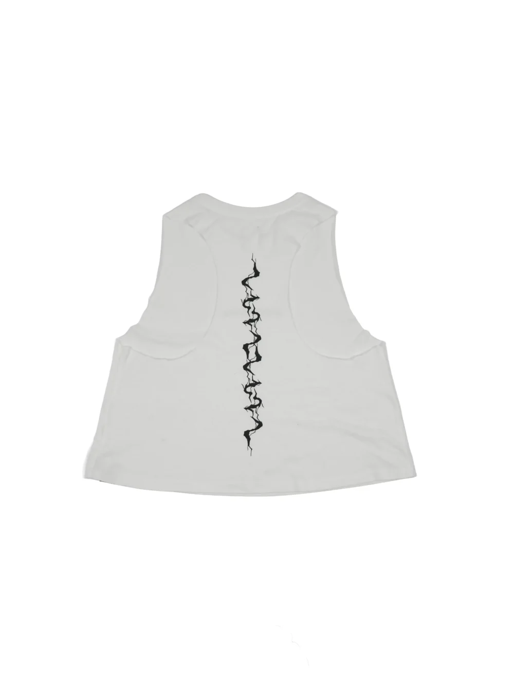 The white "GODMODE" cropped tank, laid flat (back view), detailing the bold lightning back graphic and racerback design on this piece of calisthenics apparel.
