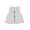 The white "GODMODE" cropped tank, laid flat (back view), detailing the bold lightning back graphic and racerback design on this piece of calisthenics apparel.