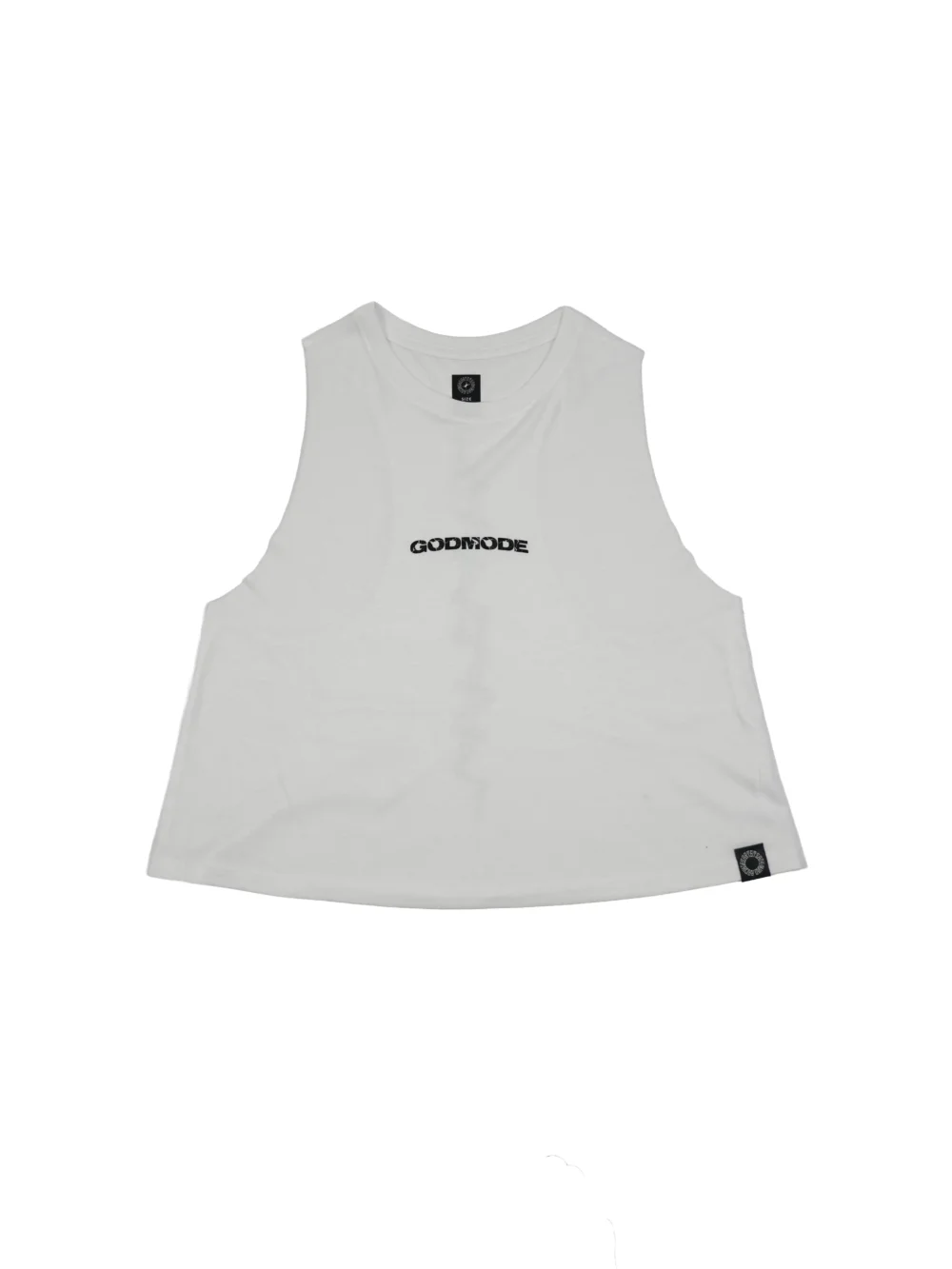 The women's RHSM "GODMODE" Cropped Tank in white, laid flat (front view), highlighting the clean front print on the Airlume cotton blend fitness apparel.