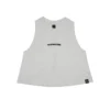 The women's RHSM "GODMODE" Cropped Tank in white, laid flat (front view), highlighting the clean front print on the Airlume cotton blend fitness apparel.