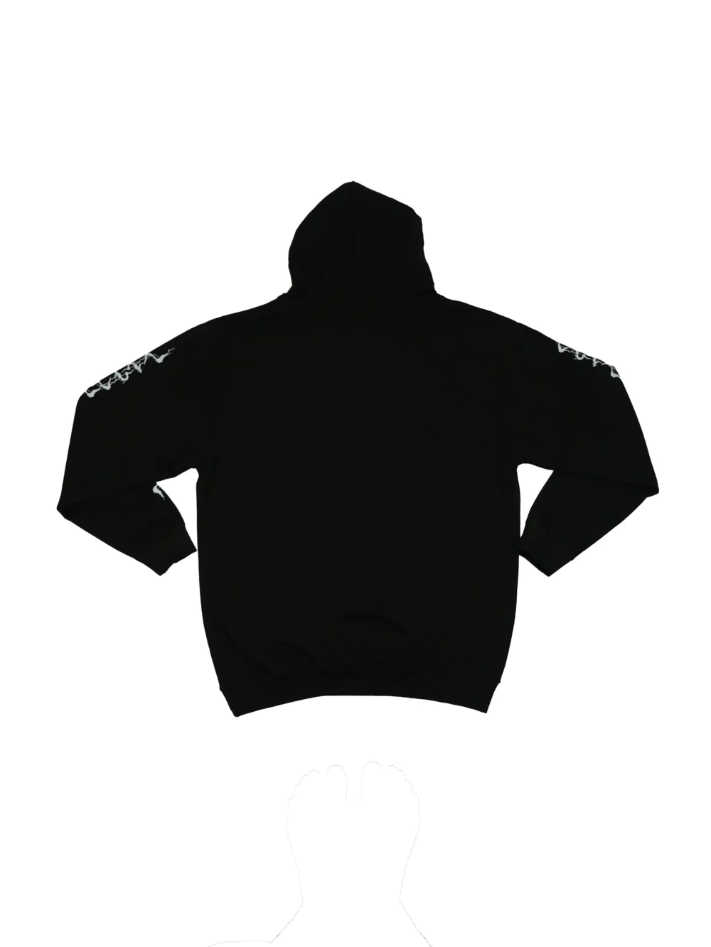 The black "GODMODE" hoodie, laid flat (back view), showcasing the clean back design and visible lightning sleeve details; premium calisthenics apparel from RHSM.