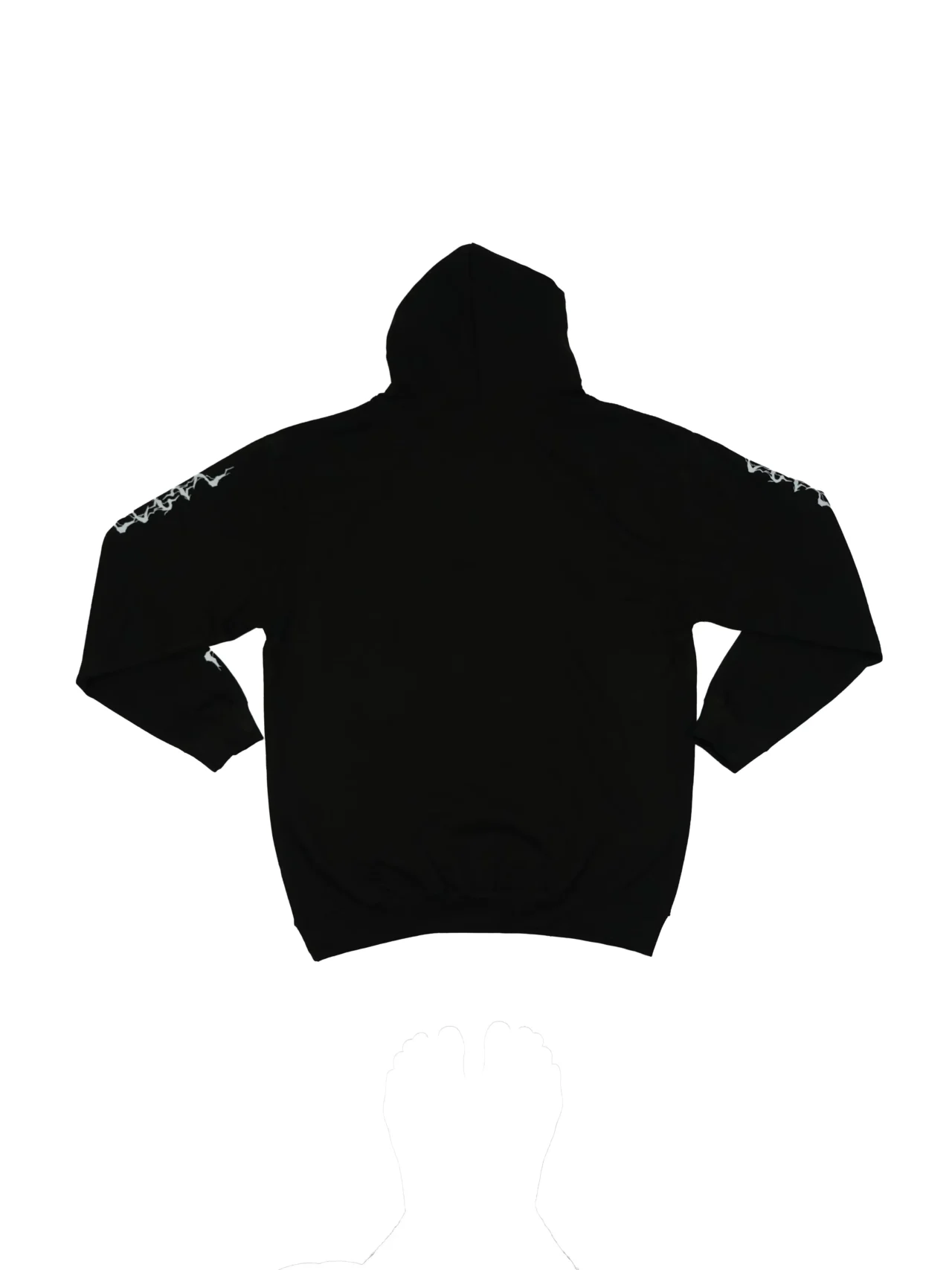 The black "GODMODE" hoodie, laid flat (back view), showcasing the clean back design and visible lightning sleeve details; premium calisthenics apparel from RHSM.