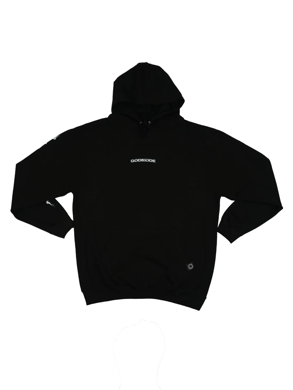 The RHSM "GODMODE" Hoodie in black, laid flat (front view), showing the minimal chest print, sewn-in pocket label, and lightning sleeve graphics of this fitness apparel.