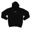 The RHSM "GODMODE" Hoodie in black, laid flat (front view), showing the minimal chest print, sewn-in pocket label, and lightning sleeve graphics of this fitness apparel.
