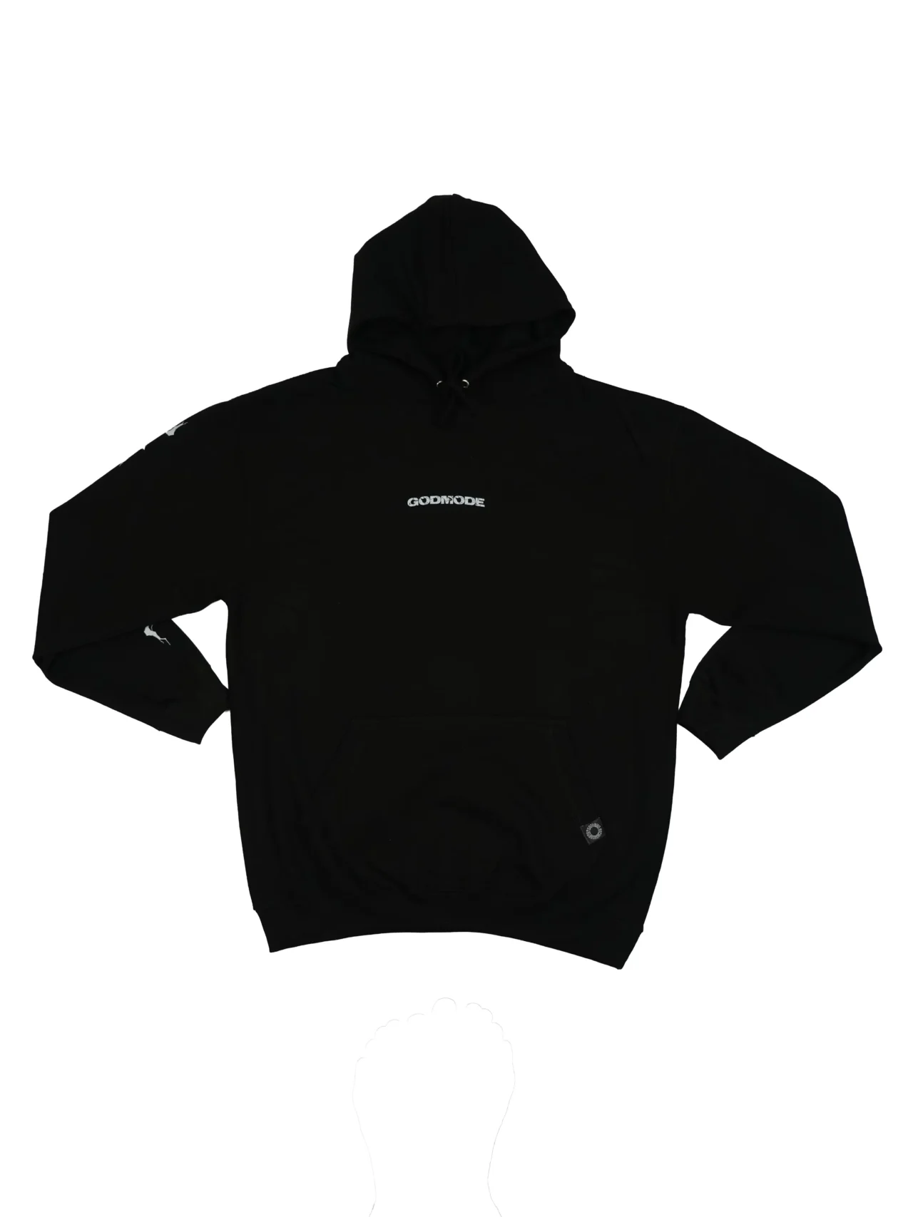 The RHSM "GODMODE" Hoodie in black, laid flat (front view), showing the minimal chest print, sewn-in pocket label, and lightning sleeve graphics of this fitness apparel.