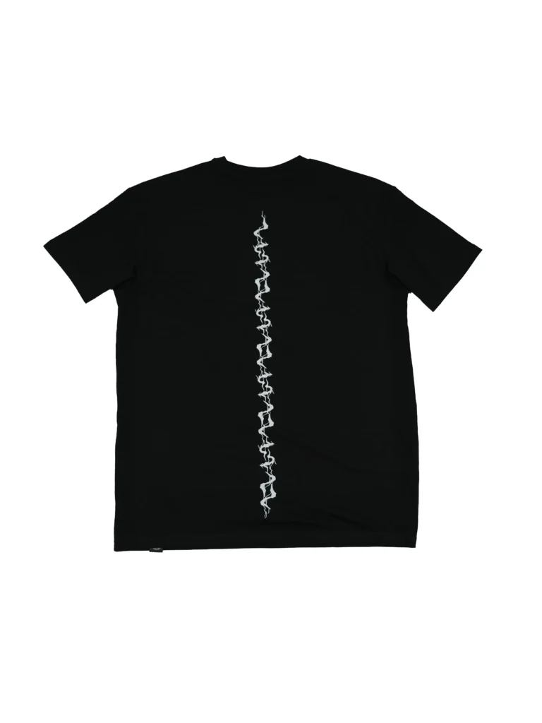 The black "GODMODE" oversized tee, laid flat (back view), showcasing the bold lightning back graphic; premium calisthenics apparel from RHSM.