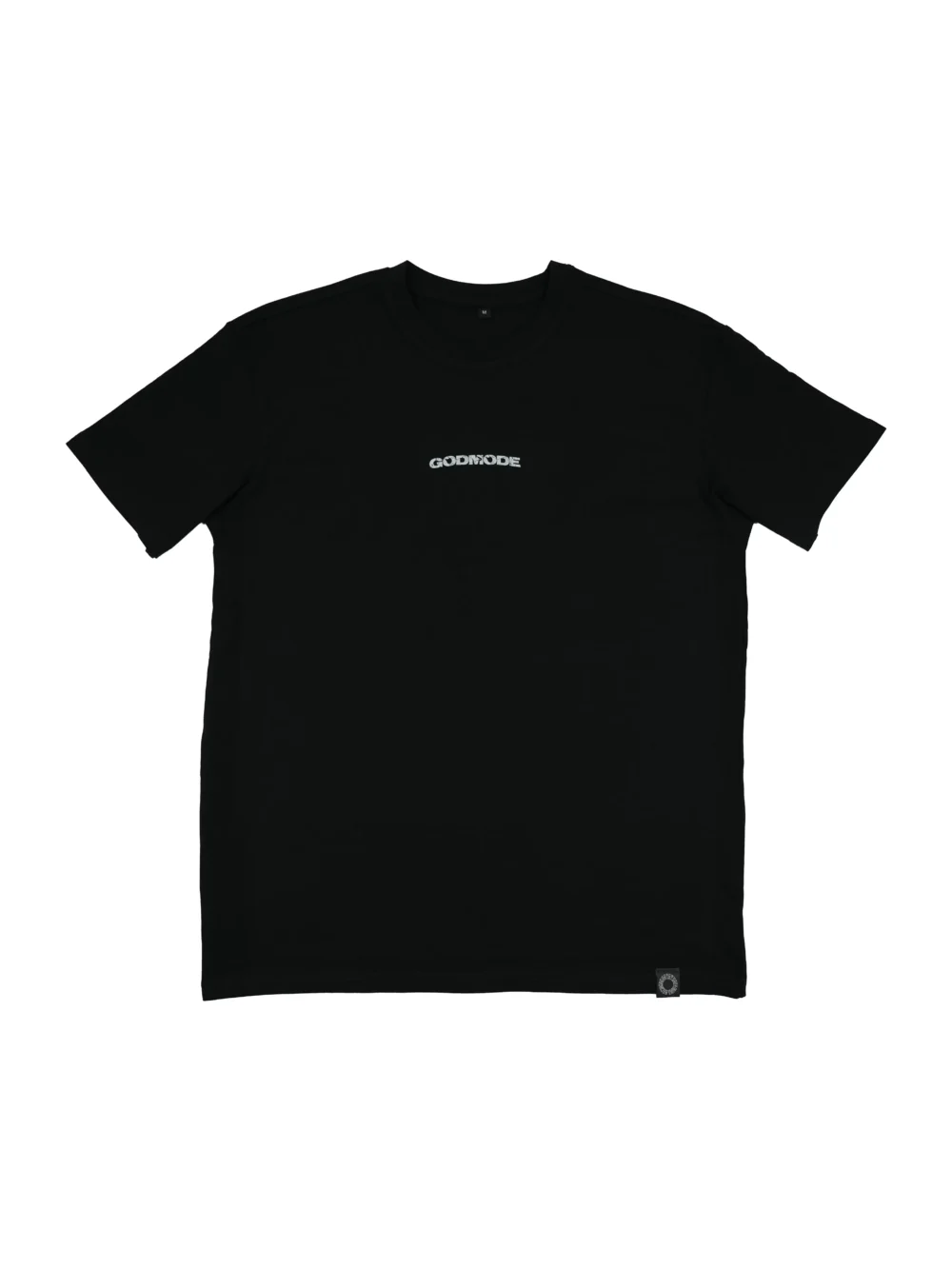 The RHSM "GODMODE" Oversized Tee in black, laid flat (front view), showing the minimalist chest graphic and sewn-in hem label on this 100% cotton fitness apparel.