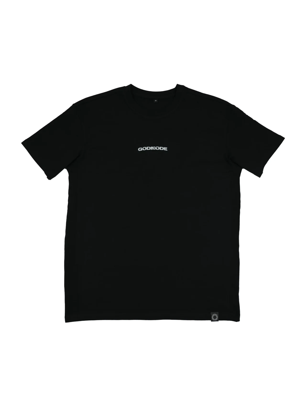 The RHSM "GODMODE" Oversized Tee in black, laid flat (front view), showing the minimalist chest graphic and sewn-in hem label on this 100% cotton fitness apparel.
