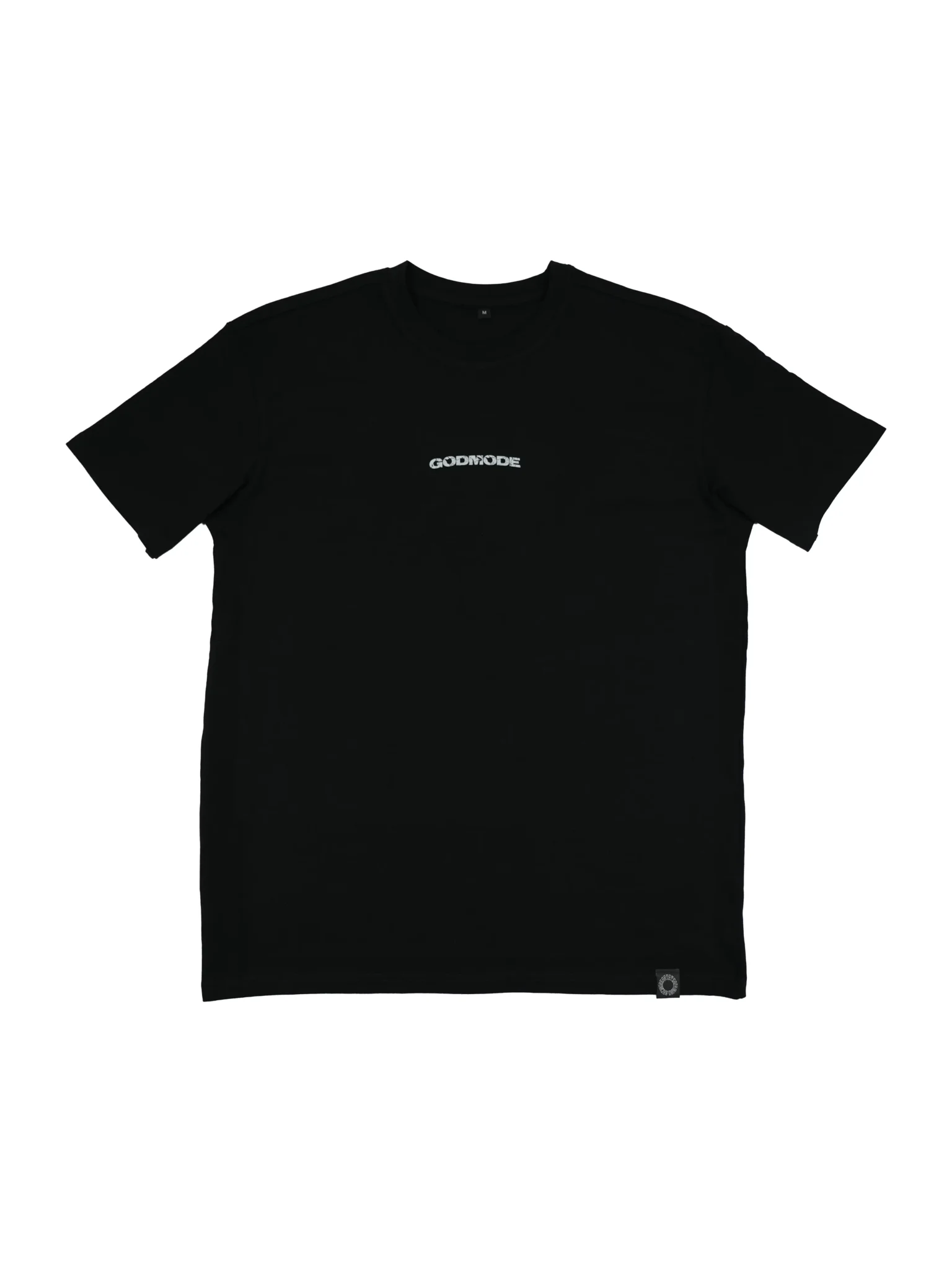 The RHSM "GODMODE" Oversized Tee in black, laid flat (front view), showing the minimalist chest graphic and sewn-in hem label on this 100% cotton fitness apparel.