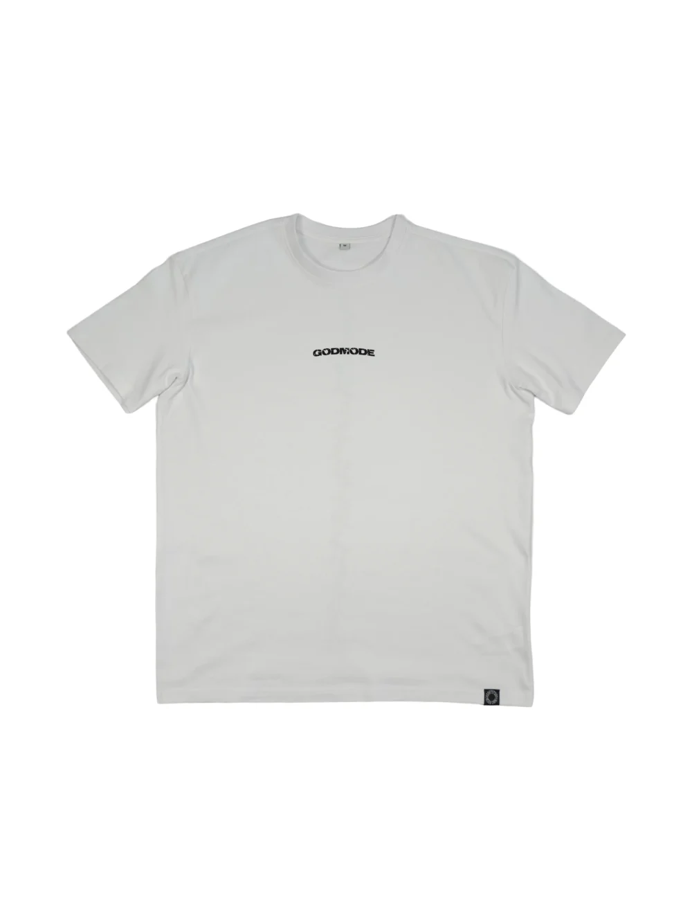 The RHSM "GODMODE" Oversized Tee in white, laid flat (front view), highlighting the clean front print and premium sewn-in label on this 100% cotton fitness apparel.