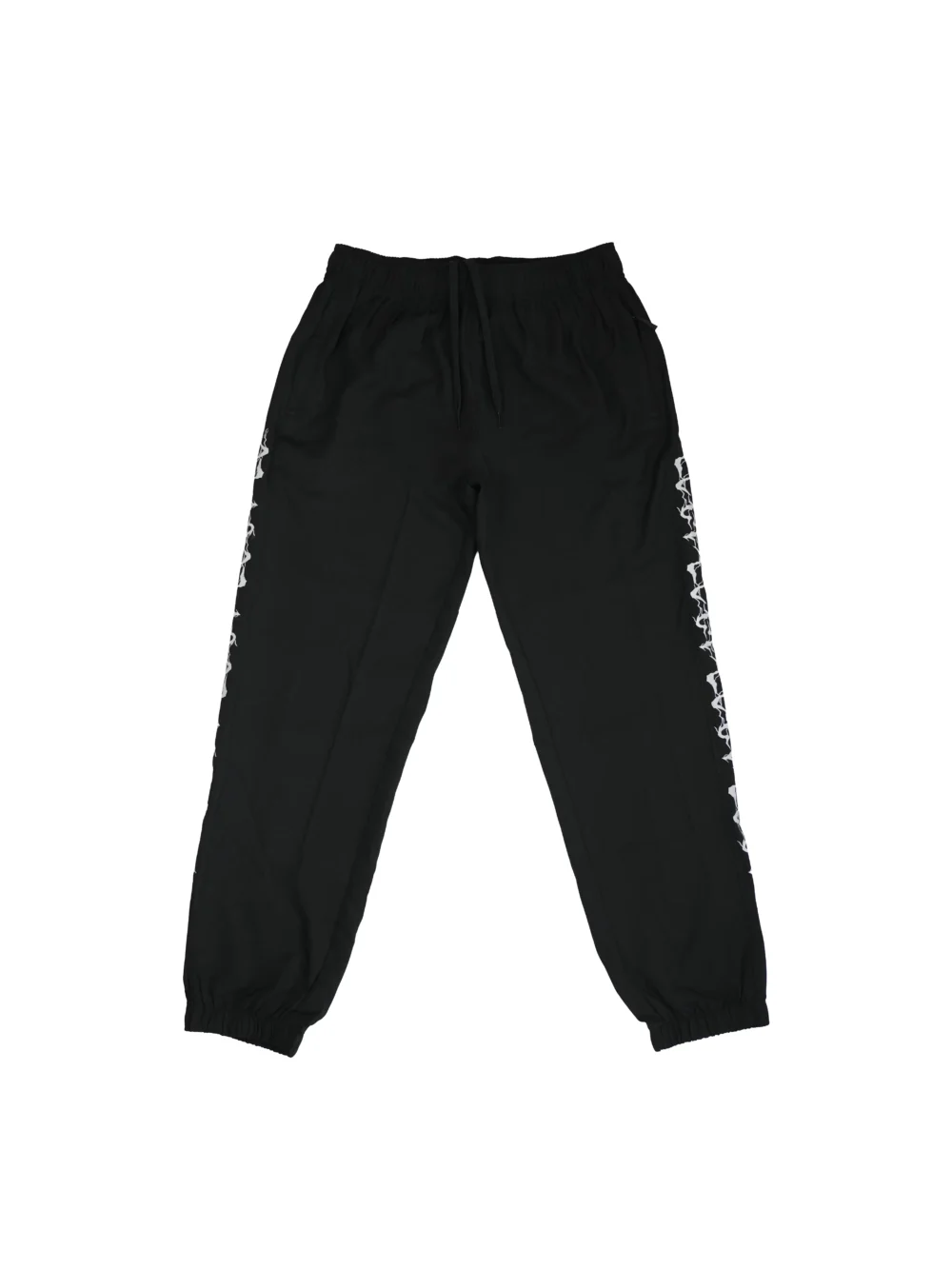 The RHSM "GODMODE" Trackpants in black, laid flat (front view), showcasing the technical 100% polyester fabric of this performance apparel.