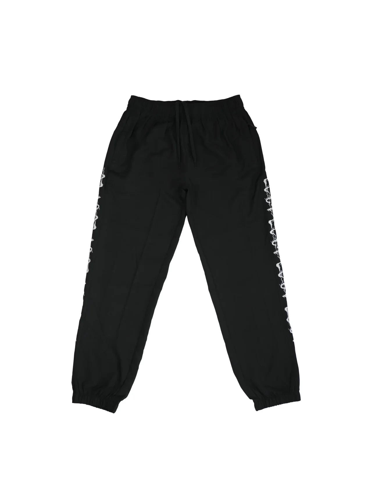 The RHSM "GODMODE" Trackpants in black, laid flat (front view), showcasing the technical 100% polyester fabric of this performance apparel.
