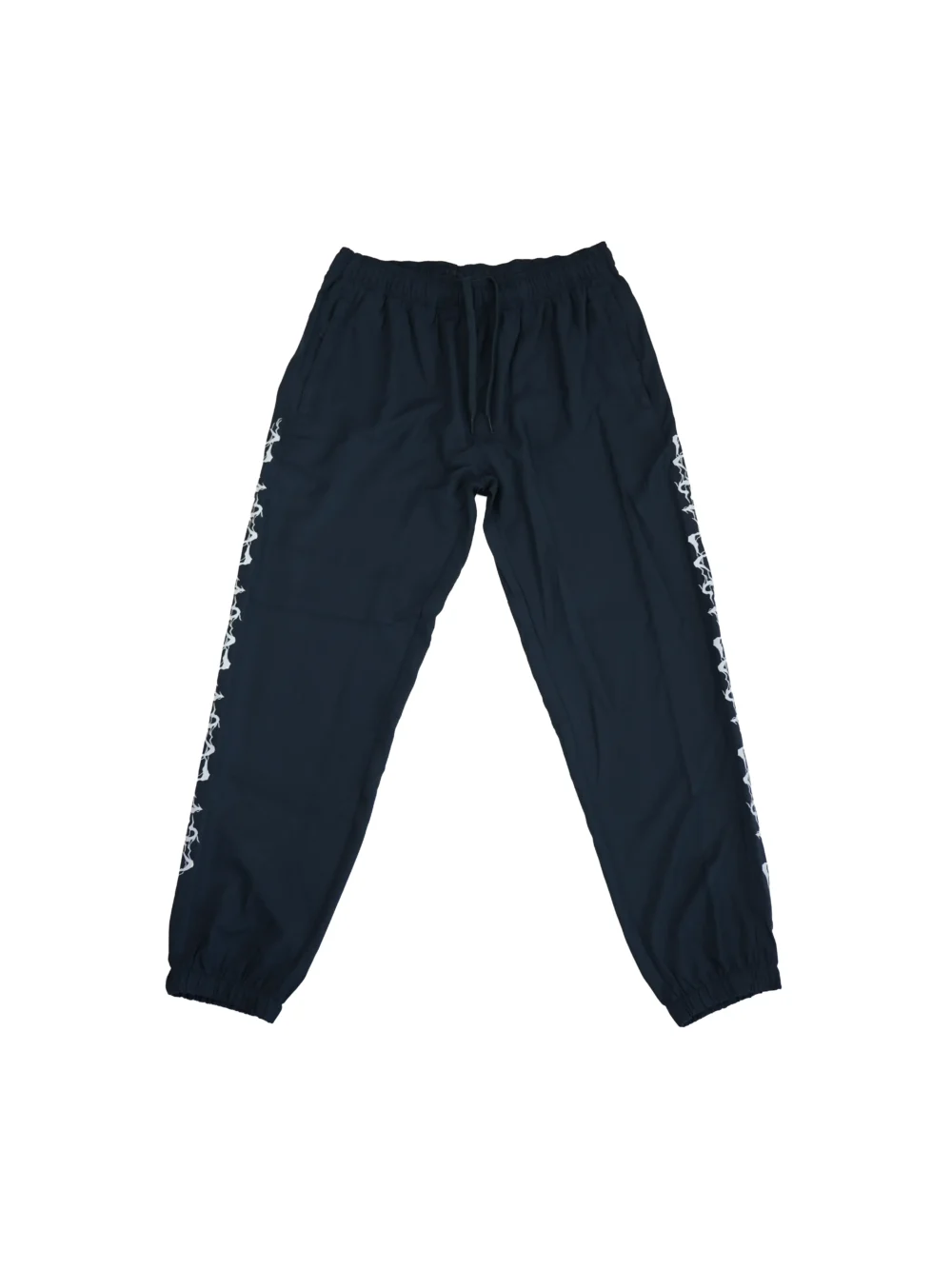 The RHSM "GODMODE" Trackpants in navy, laid flat (front view), showing the drawstring waistband and lightweight polyester of this fitness apparel.