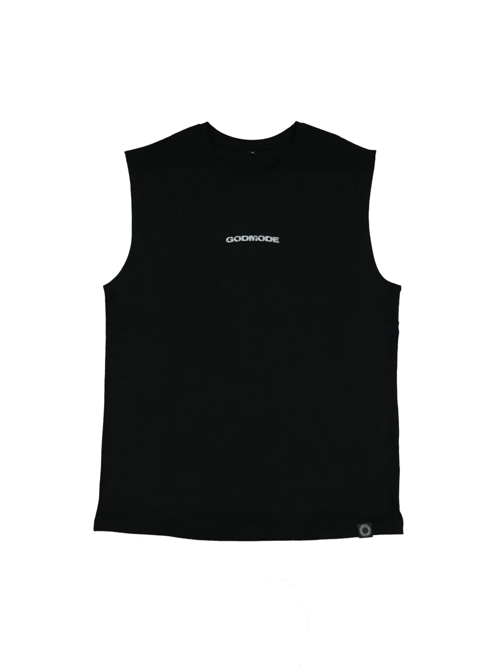 The RHSM "GODMODE V2" Oversized Tank in black, laid flat (front view), showing the subtle front script and new sewn-in label on this upgraded fitness apparel.