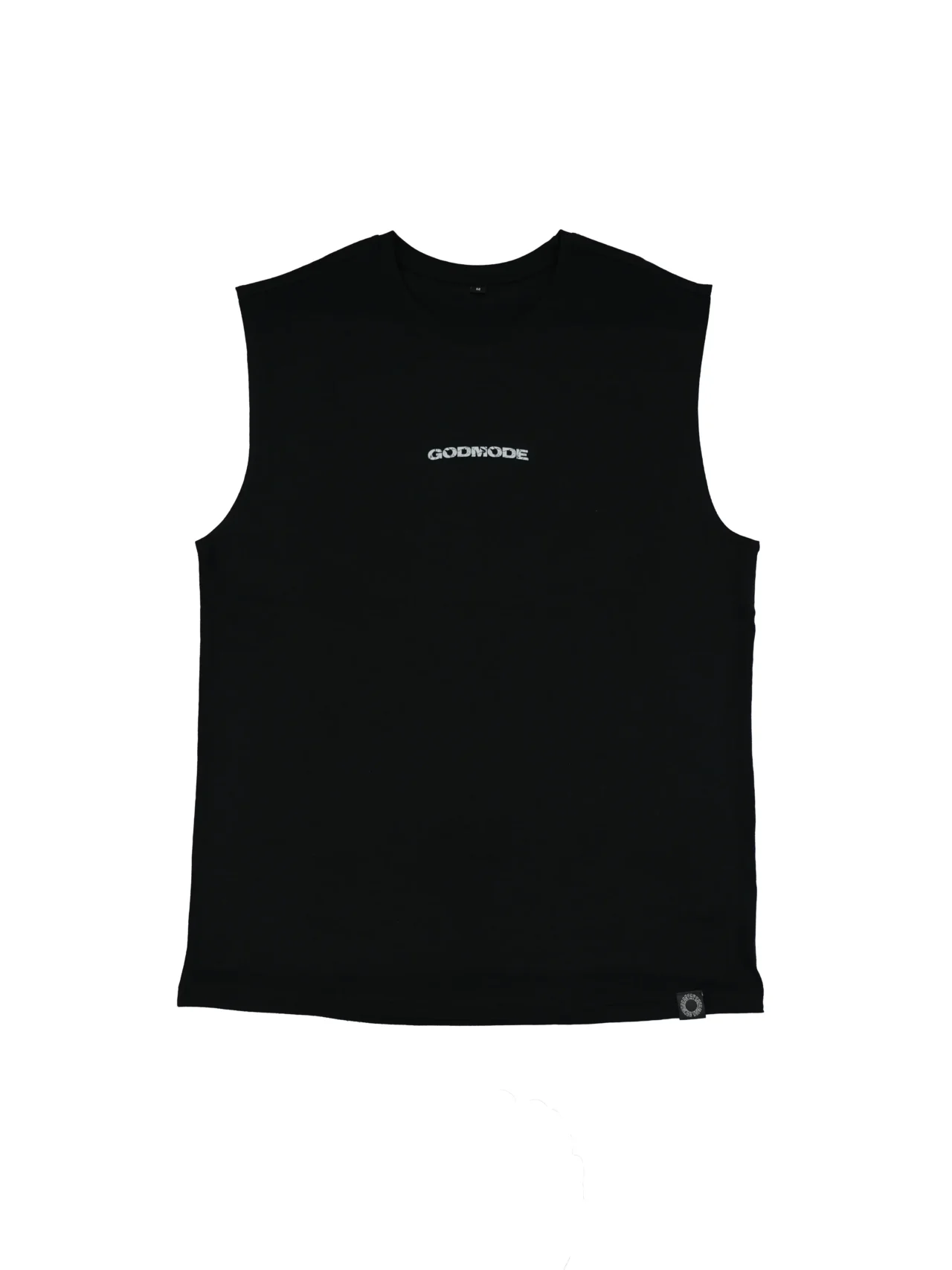 The RHSM "GODMODE V2" Oversized Tank in black, laid flat (front view), showing the subtle front script and new sewn-in label on this upgraded fitness apparel.