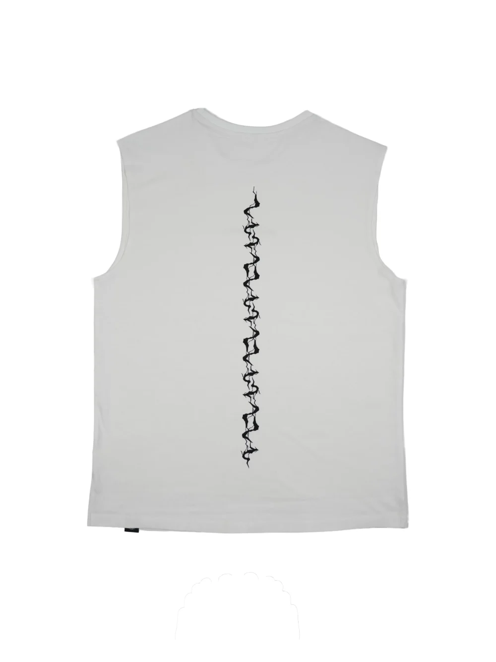 The white "GODMODE V2" tank, laid flat (back view), detailing the bold lightning graphic on this piece of calisthenics apparel.