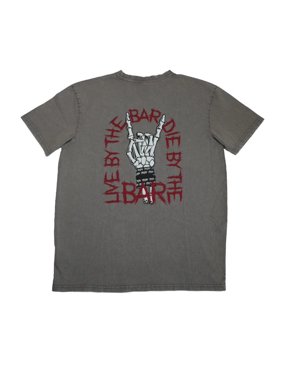 The ash "Live By The Bar Die By The Bar" acid wash tee, laid flat (back view), showcasing the bold back graphic; premium calisthenics apparel from RHSM.