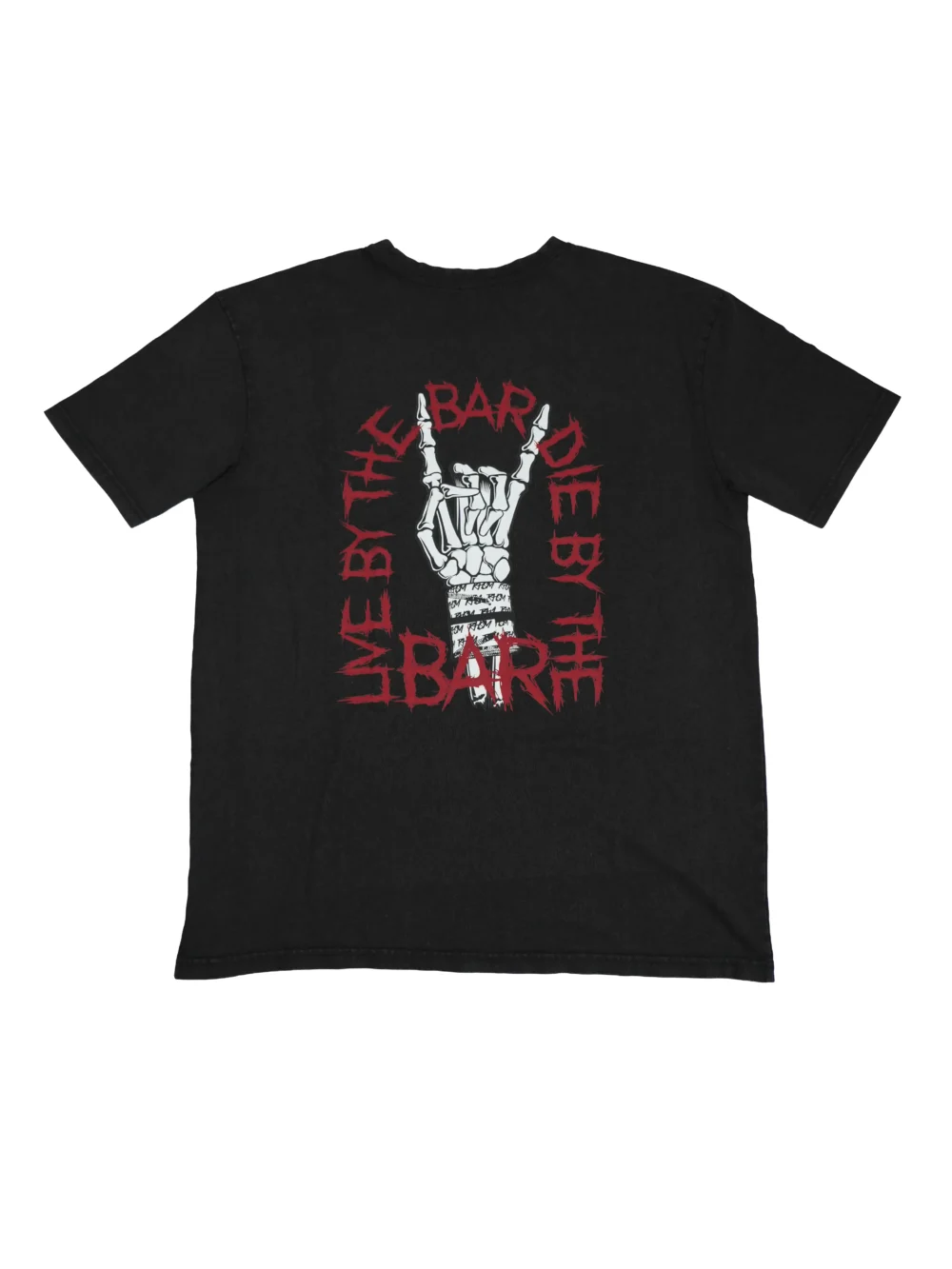 The charcoal "Live By The Bar Die By The Bar" acid wash tee, laid flat (back view), detailing the large statement back graphic on this piece of calisthenics apparel.
