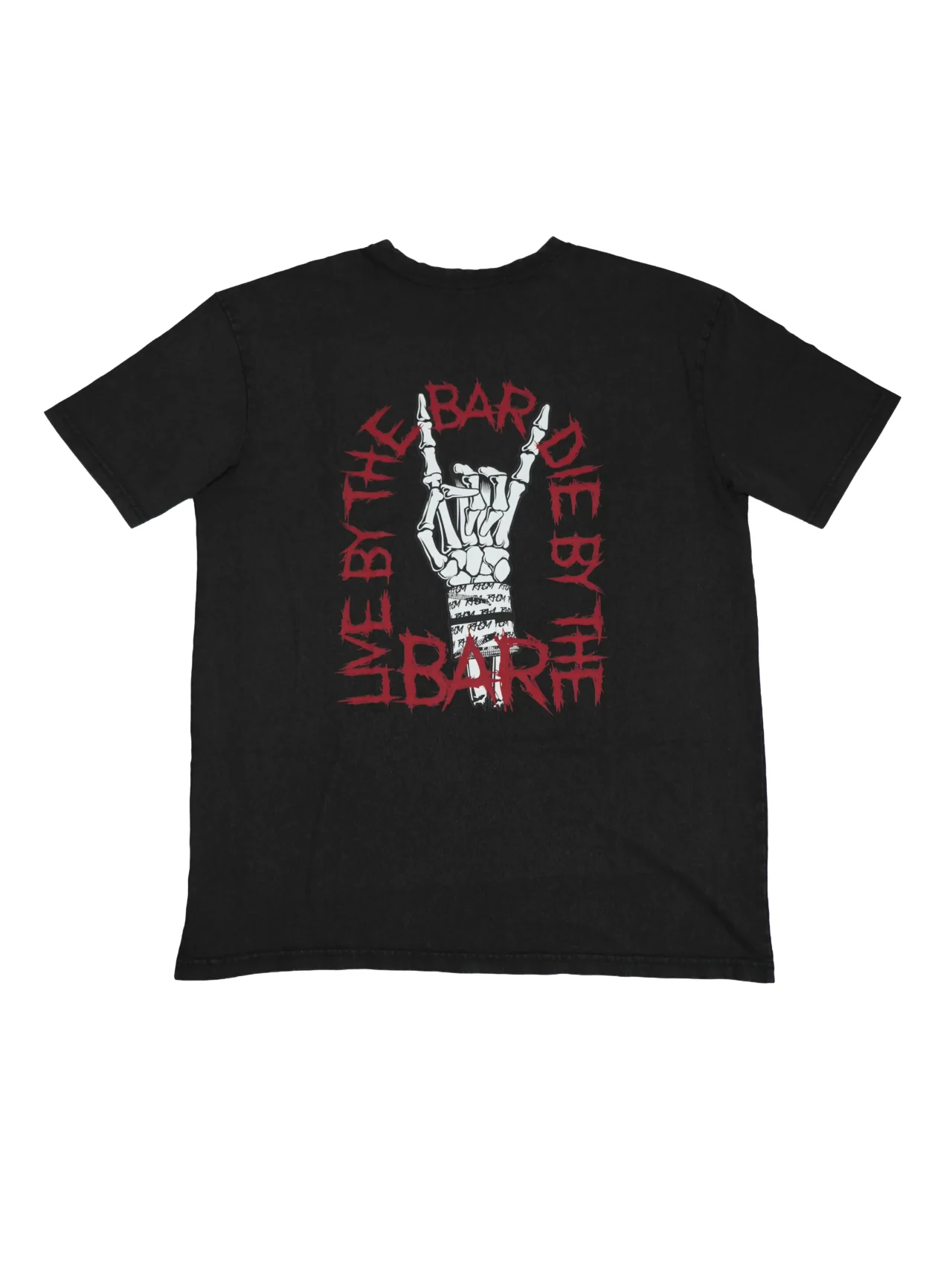 The charcoal "Live By The Bar Die By The Bar" acid wash tee, laid flat (back view), detailing the large statement back graphic on this piece of calisthenics apparel.