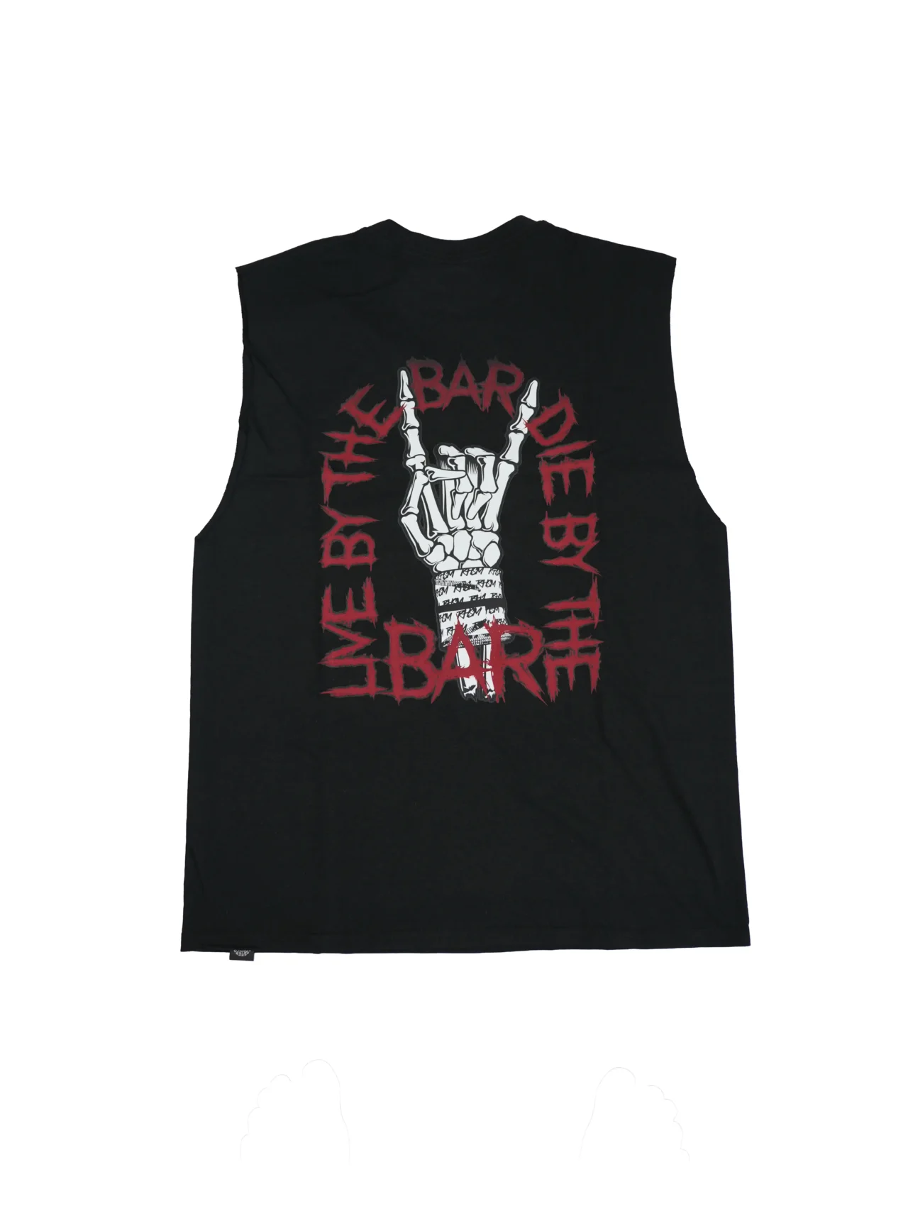 The black "Live By The Bar Die By The Bar" tank, laid flat (back view), showcasing the large motivational graphic; essential calisthenics apparel from RHSM.