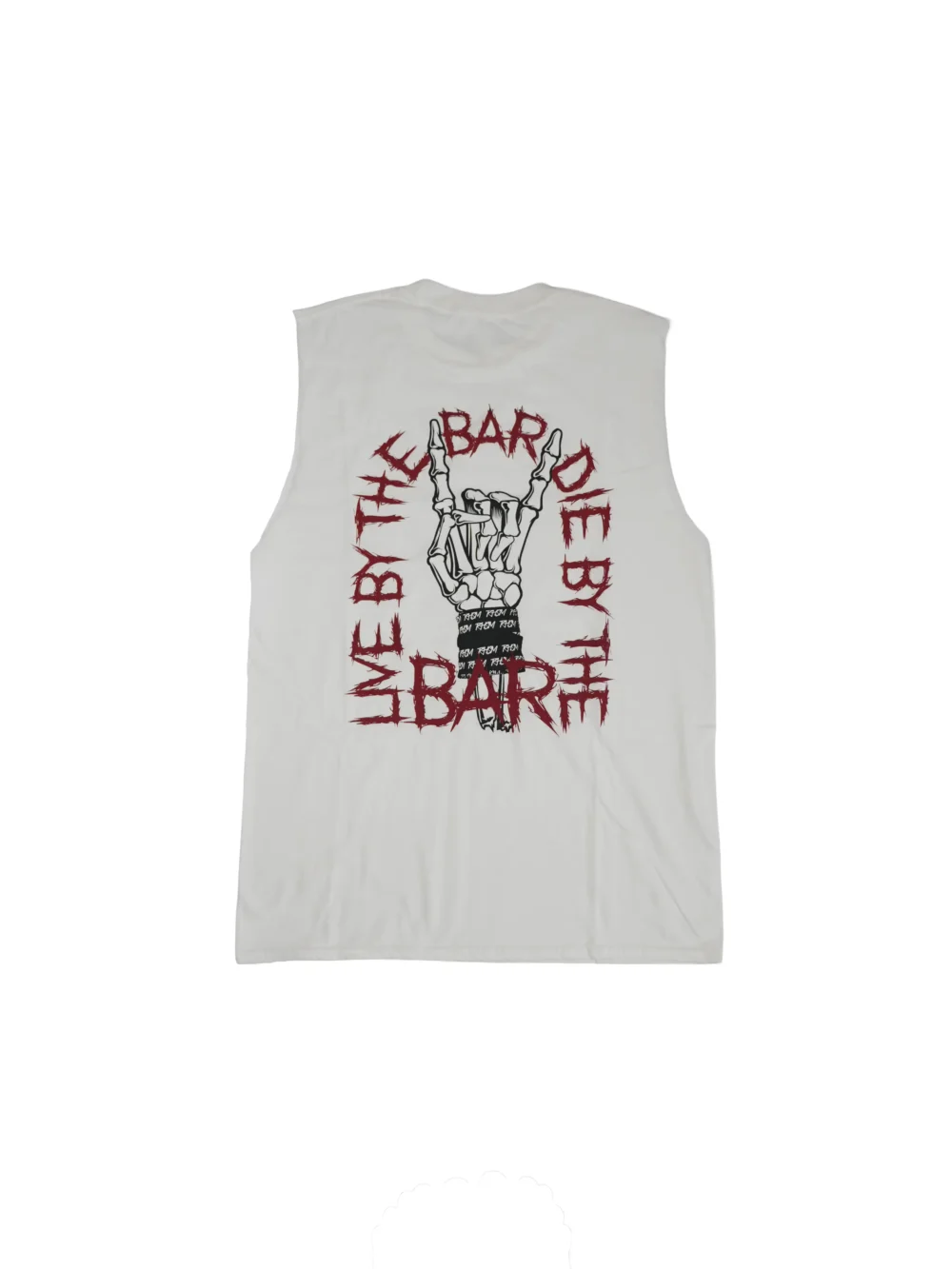 The white "Live By The Bar Die By The Bar" tank, laid flat (back view), highlighting the large statement graphic on this piece of calisthenics apparel.