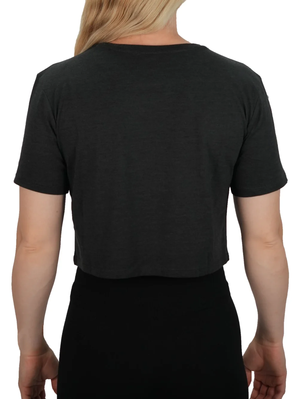 Back view of a female athlete wearing the gray Classic Fit Crop Top, highlighting the clean, plain back and the athletic fit across the shoulders.