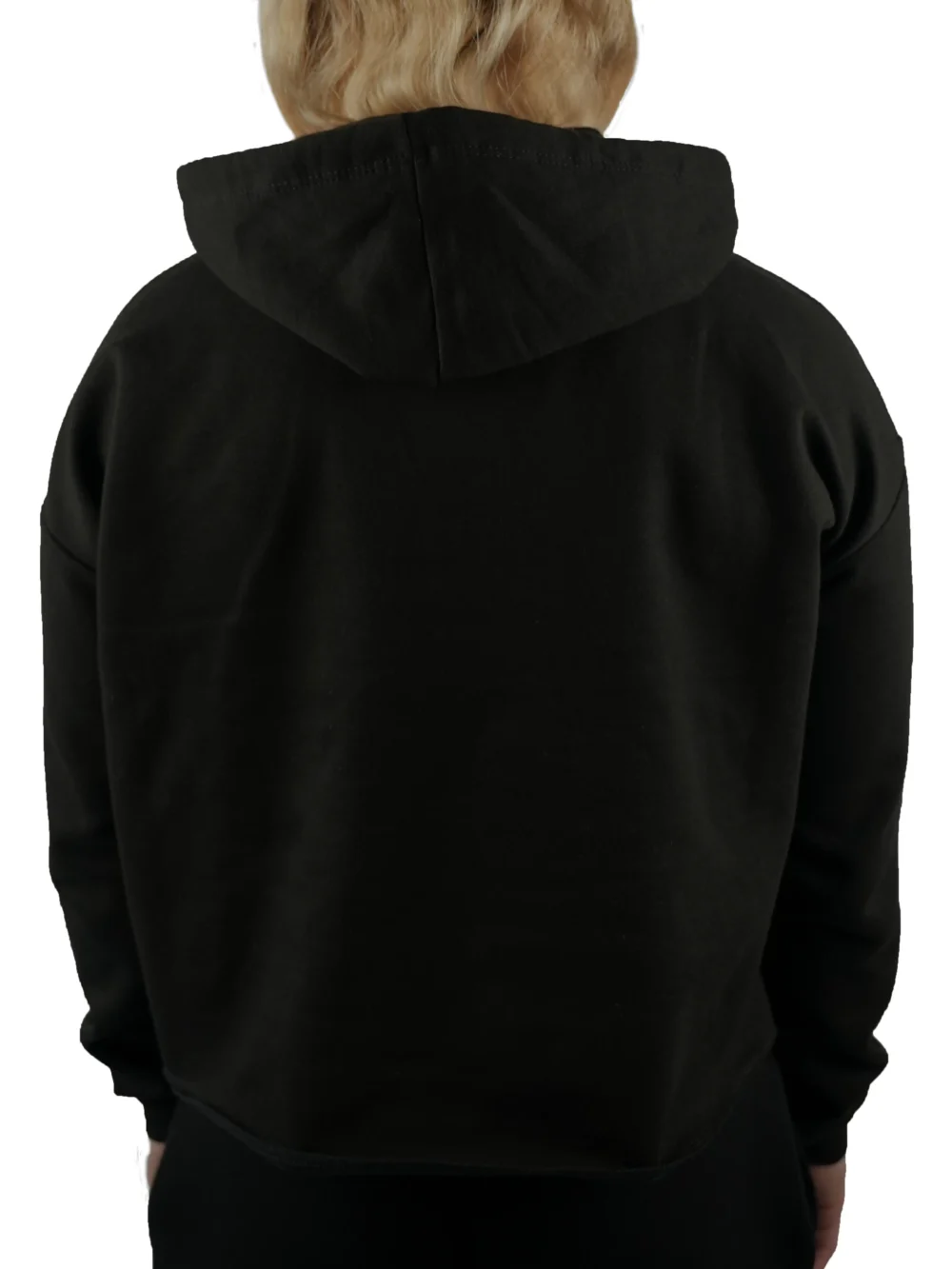 Back view of a female model wearing the Classic Fit Cropped Hoodie, demonstrating the clean athletic cropped fit and the shape of the hood.