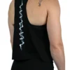 Model wearing the black "GODMODE" cropped tank (back view), representing power with the lightning graphic from the calisthenics clothing brand RHSM.
