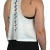 Model wearing the white "GODMODE" cropped tank (back view), showcasing the impactful lightning design and flattering cut from the calisthenics clothing brand RHSM.