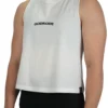 Model wearing the white "GODMODE" cropped tank (front view), showing the modern cropped fit of this essential women's workout gear.