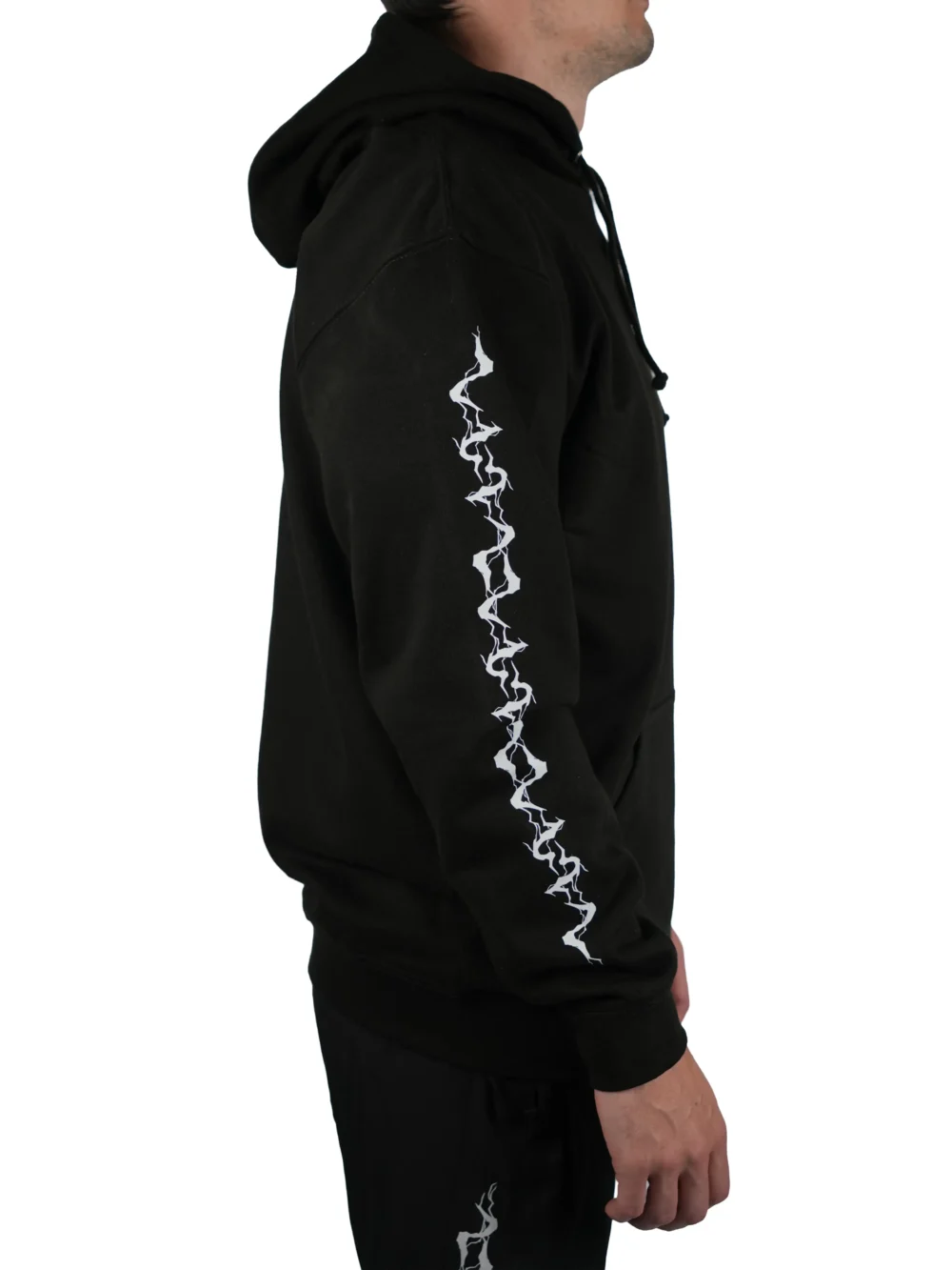 Model wearing the black "GODMODE" hoodie (back view), highlighting the clean back and showcasing the powerful lightning sleeve graphics from the calisthenics clothing brand RHSM.