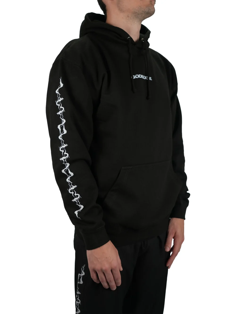 Model wearing the black athletic fit "GODMODE" hoodie (front view), demonstrating the premium cotton-poly blend and sleeve graphics of this workout gear.