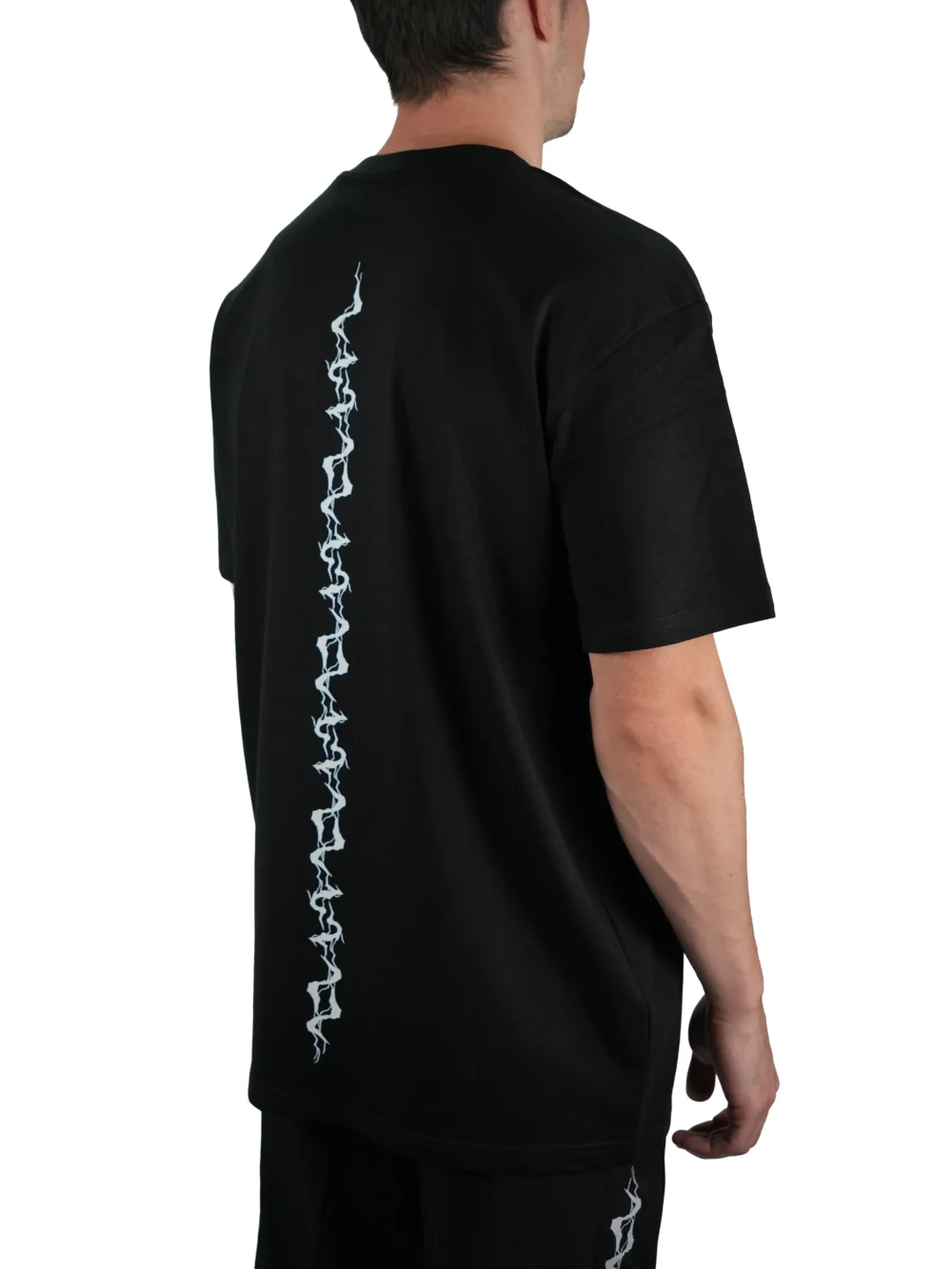 Model wearing the black "GODMODE" tee (back view), representing power with the lightning graphic from the calisthenics clothing brand RHSM.