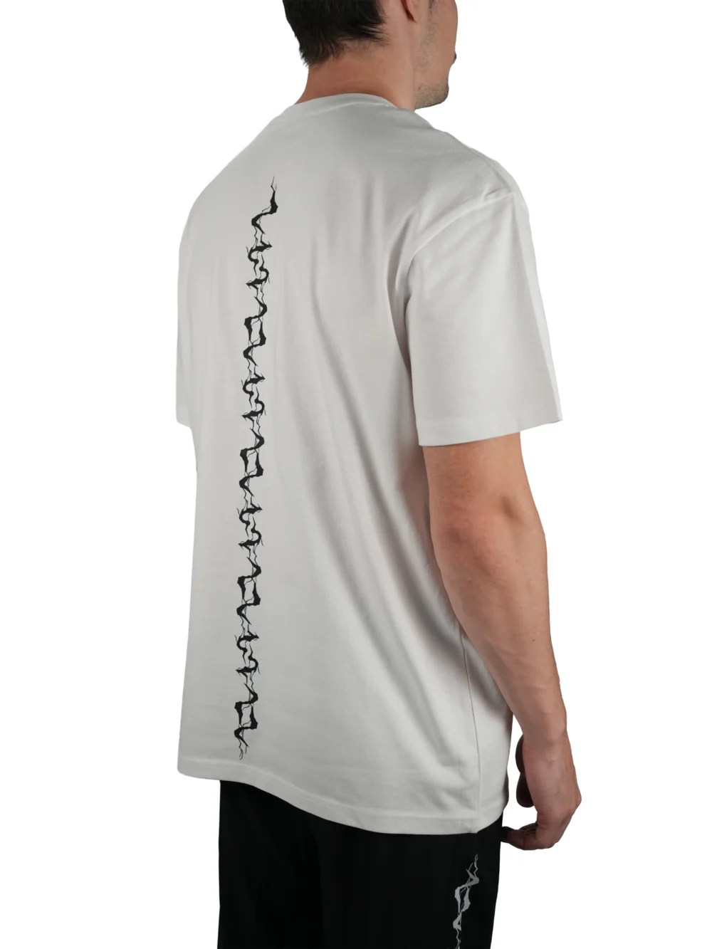Model wearing the white "GODMODE" tee (back view), showcasing the impactful lightning design and dropped shoulders from the calisthenics clothing brand RHSM.