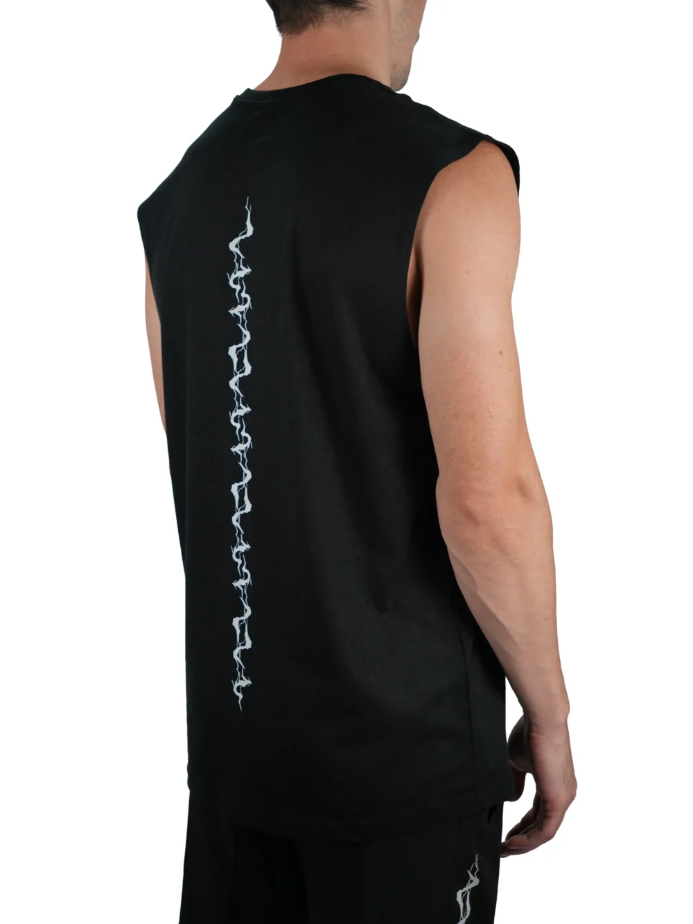 Model wearing the black "GODMODE V2" tank (back view), showcasing the powerful lightning design from the calisthenics clothing brand RHSM.