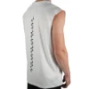 Model wearing the white "GODMODE V2" tank (back view), embodying the mindset with the lightning graphic from the RHSM calisthenics clothing brand.