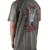 Model wearing the ash "Live By The Bar Die By The Bar" tee (back view), representing the mindset of the calisthenics clothing brand with its powerful back graphic.