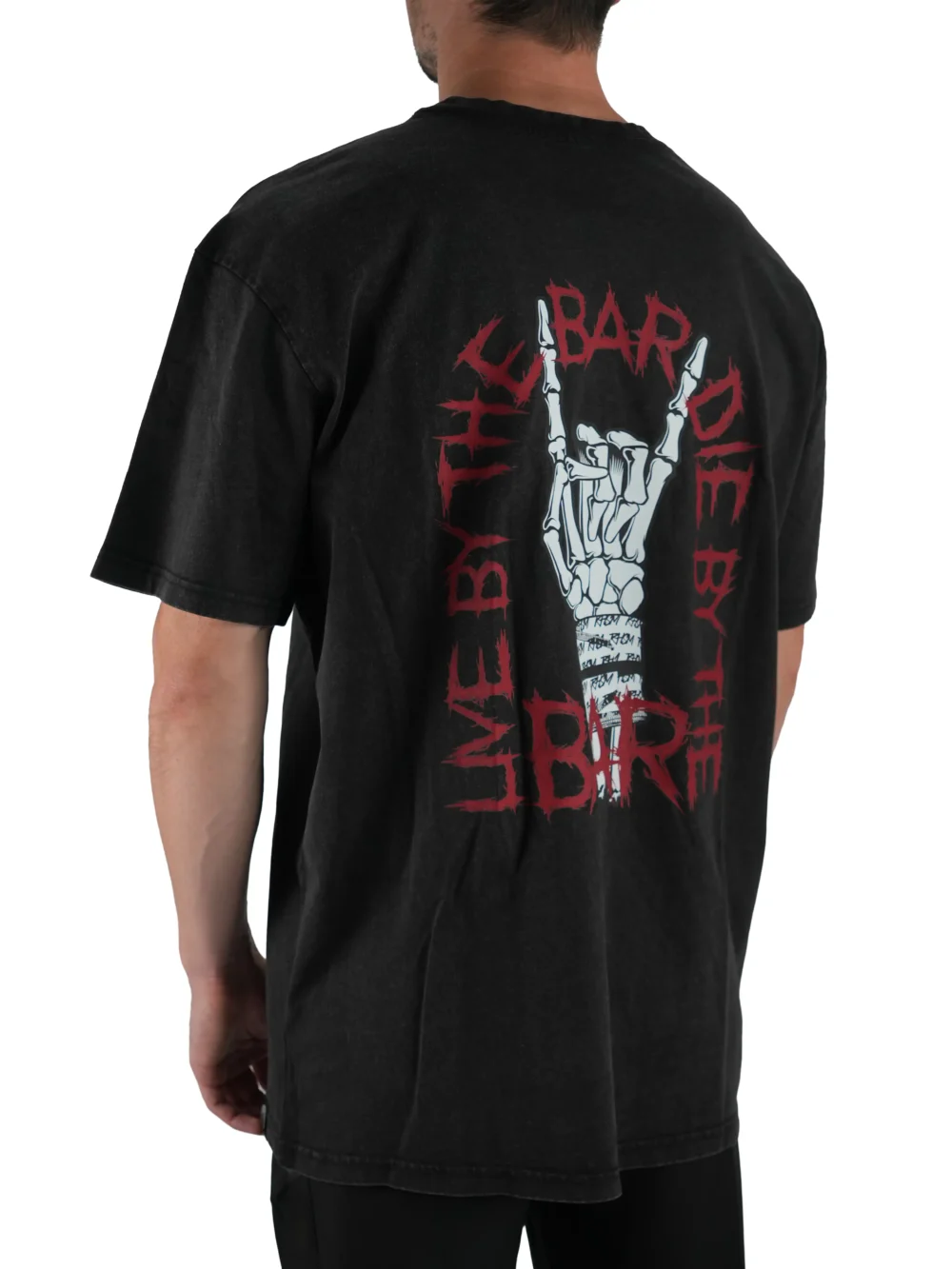 Model wearing the charcoal "Live By The Bar Die By The Bar" tee (back view), showcasing the impactful design and vintage look from the calisthenics clothing brand RHSM.