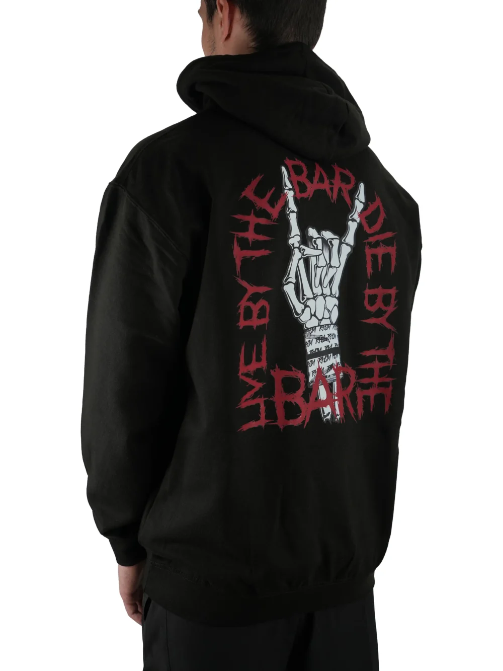 Model wearing the black "Live By The Bar Die By The Bar" hoodie (back view), representing the mindset of the calisthenics clothing brand RHSM.