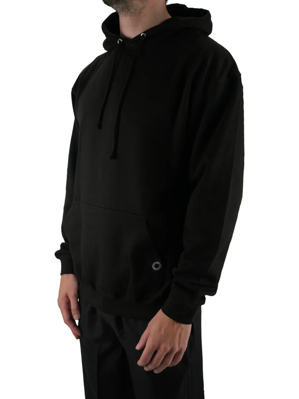 Model wearing the black athletic fit hoodie (front view), demonstrating the premium cotton-poly blend of this workout gear.