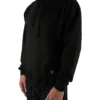 Model wearing the black athletic fit hoodie (front view), demonstrating the premium cotton-poly blend of this workout gear.