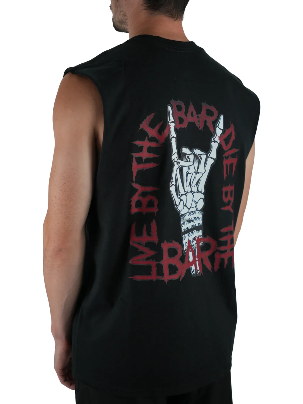 Model wearing the black "Live By The Bar Die By The Bar" tank (back view), representing the LBTBDBTB mindset of the calisthenics clothing brand RHSM.