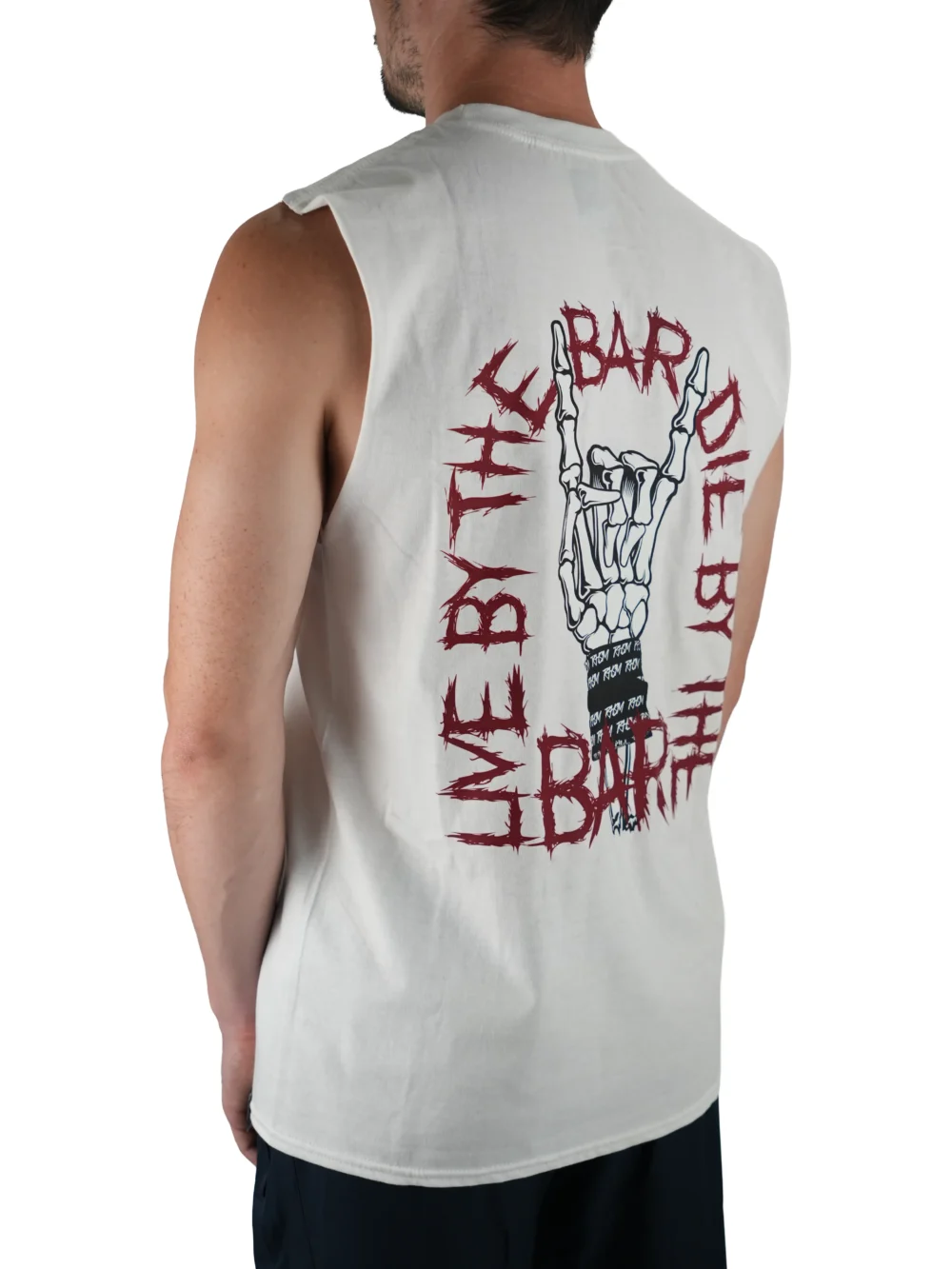 Model wearing the white "Live By The Bar Die By The Bar" tank (back view), showcasing the commitment graphic from the calisthenics clothing brand RHSM.