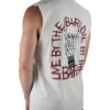 Model wearing the white "Live By The Bar Die By The Bar" tank (back view), showcasing the commitment graphic from the calisthenics clothing brand RHSM.