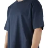 A female model wearing the navy oversized boxy tee from the front, demonstrating its modern boxy silhouette and dropped shoulder fit.