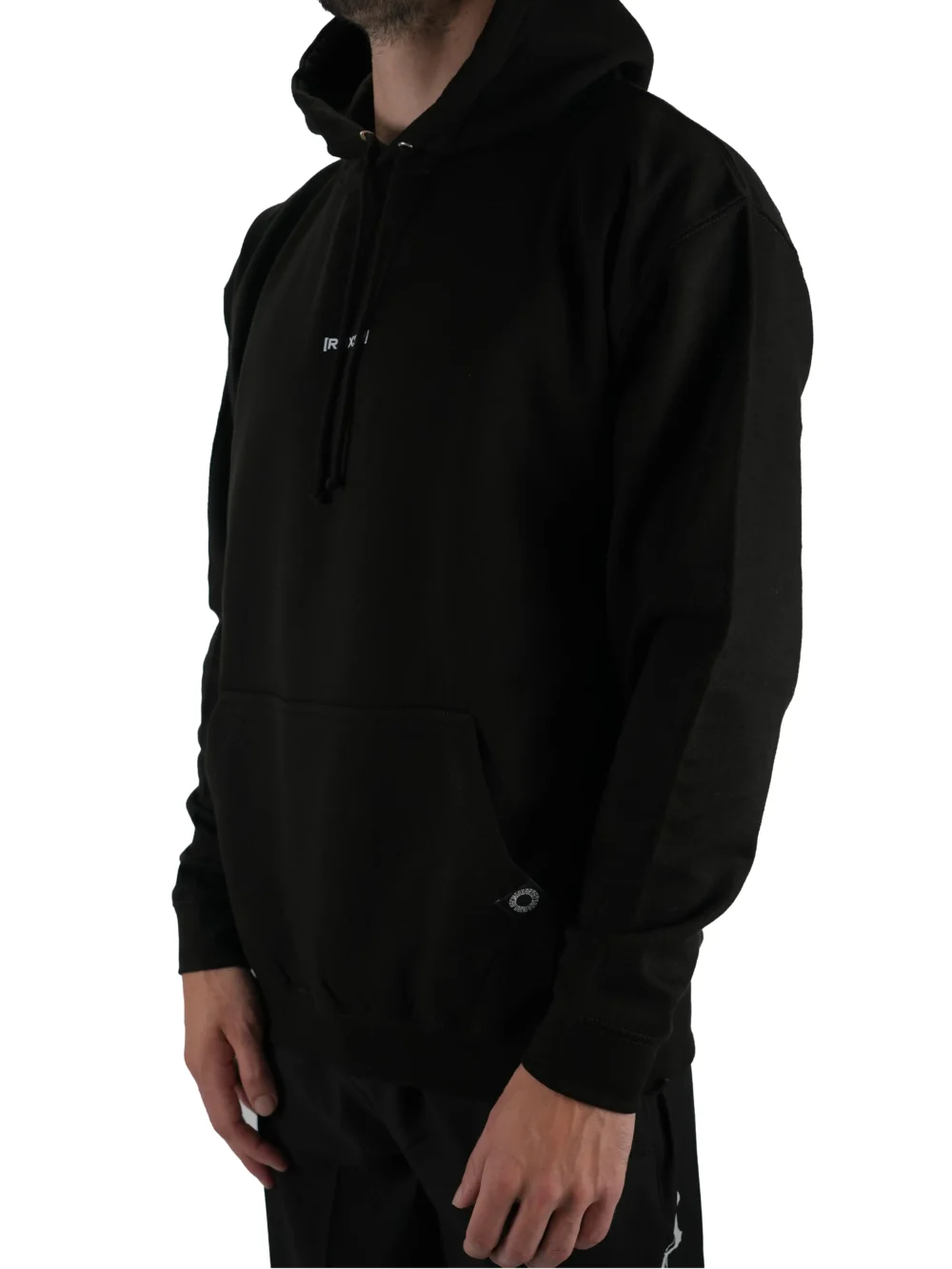 Model wearing the black athletic fit "[RHXSM]" hoodie (front view), highlighting the subtle front print of this designer-inspired workout gear.